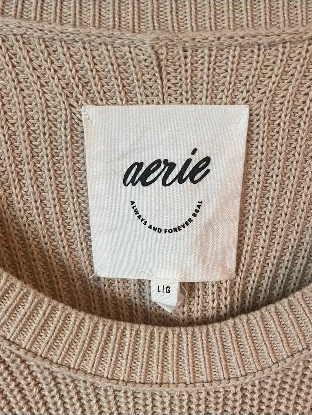 aerie Beige Ribbed Scoop-Neck Pullover Sweater